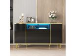 Credenza Merax Lucida Con Illuminazione A Led, Cassettiera Con Cornice Dorata, Credenza A 4 Ante, Mobile Credenza 150X40X80Cm, Nero