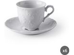 Excelsa Set Di 6 Tazze Da Espresso Con Piattini Elisa Rococo' 10 Cl In Porcellana Bianca