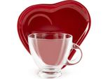 Excelsa Set Di 2 Tazze Da Caffè Espresso Con Piattini Cuore Di Vetro 22,5 Cl Rosso
