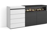 Cassettiera, 157X35X75Cm, Camera Da Letto, Camino Elettrico, Bianco E Nero