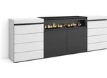 Cassettiera, 214X35X75Cm, Camera Da Letto, Camino Elettrico, Bianco E Nero