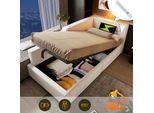 Flieks Letto Imbottito Idraulico Divano Letto 90X200Cm Con Funzione Di Ricarica (Usb E Tipo C), Letto Contenitore Letto Da Giorno Con Lampada Da Lettura, Letto Singolo Velluto, Beige