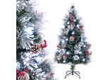 Costway Albero Di Natale Artificiale 150 Cm Con Pigne E Bacche, Albero Di Natale Con Neve, Led Bianchi Freddi, Fibra Di Vetro E Stella, 8 Modalità Verde Bianco