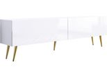 Cabinet Tv : Bianco Opaco / Bianco Lucido, Gambe Dorate, 170 X 52 X 32 Cm