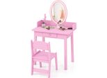 Costway Tavolino Da Toilette Per Bambini 2In1 Con Sgabello, Illuminazione, Cassetto E Organizer Per Gioielli, Tavolino Da Toilette In Legno Da Principessa Per Bambini Dai 3 Anni In Su Rosa