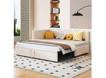 Flieks Letto Imbottito Divano Letto 90X200Cm Con Letto Estraibile, Letto In Legno Letto Per Giovani Letto Per Bambini Divano Letto Con Rete A Doghe, Letto Da Giorno Letto Funzionale In Velluto, Beige