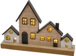 3.00 Stand Decorativo Illuminato Con 4 Case - Circa 30 X 20 Cm - Villaggio Natalizio / Città In Legno