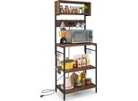 Scaffale Da Cucina Costway Con Presa, Scaffale In Piedi Con Ripiani Aperti E 10 Ganci Per Appendere, Scaffale Industriale Per Microonde Con Struttura In Acciaio 60 X 42 X 153 Cm