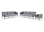 Set Di Divani In Pelle Grigio Moderno 3 Posti 2X Poltrona Tessile Acciaio Inox Legno