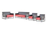 Set Completo Poltrona 3 Posti Nero Rosso Set Divano Pelle Acciaio Inox Legno