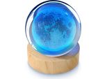 Mybeo Led Luce Decorativa Sfera Di Vetro 3D, Sfera Di Cristallo Incandescente Con Incisione, Scultura Luminosa Notturna A Colori, Led Rgb, Cristallo K9, 6 Cm ⌀, Base In Legno, Luna