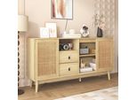 Cassettiera Aiorber, Ampio Spazio, Rattan, 3 Ante Scorrevoli, 2 Cassetti, Traspirante, Stabile, Credenza, Per Sala Da Pranzo, Soggiorno, 155X38X80Cm, Legno