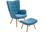 Homcom Poltrona Con Sgabello, Poltrona Ad Ala Con Schienale Alto, Gambe In Legno, Poltrona Lounge Con Design Trapuntato, Look A Coste, Per Il Soggiorno, Blu