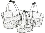 Cestino In Filo Metallico Nero Con Manici E Legno, Set Di 3 In 35/31/27Cm - Versatili Cestini Decorativi Per Casa E Giardino