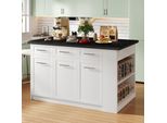 Isola Da Cucina Flieks Con Tavolo Da Pranzo Allungabile Bianco, Piano Di Lavoro In Legno Marmorizzato Nero, Mobile Da Cucina Con Ampio Spazio Di Archiviazione, Bianco