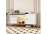 Cassettiera Aiorber, Con Ante Scorrevoli In Vetro, Illuminazione Led, Ampio Spazio Di Archiviazione, Credenza, Legno Massiccio, Per Sala Da Pranzo, Soggiorno, 140X38X76 Cm, Bianco
