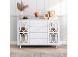 Cassettiera Aiorber, Con Modanature In Cristallo, Maniglie In Vetro, Credenza, Due Ante, Con Quattro Cassetti, Per Soggiorno E Sala Da Pranzo, 147,5 X 40 X 102 Cm, Bianco