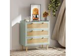 Cassettiera Aiorber, Con Frontali In Rattan, 3 Cassetti, Con Cerniere Antiribaltamento, Stabile, Credenza, Per Camera E Corridoio, 80 X 40 X 87,5 Cm, Verde