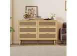 Cassettiera Flieks Con 6 Cassetti, Mobili Da Soggiorno In Rattan, Legno Massiccio, 120X40X76,5 Cm, Finitura Naturale