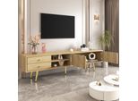 Merax Tv Lowboard In Look Legno (1 Pezzo), Mobile Tv Con 2 Cassetti, Ante E Piedini Dorati, Larghezza: 160Cm