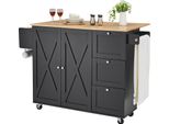 Succebuy Carrello Per Isola Da Cucina Da 56" Con Piano In Legno, Mobile Contenitore, Tavolo Rotante Con Ante A Ribalta, Portaspezie, Portasciugamani, Ripiano Regolabile, Cassetto E Gancio, Portatile Su Ruote, Nero"