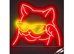 Luce Led Neon, Applique Decorativa, Gatto Con Occhiali Da Sole, Rosso Giallo, Circa 35 X 32 X 2 Cm