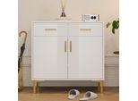 Cassettiera Flieks Con 2 Cassetti E 2 Ante, Credenza 80X35X79,5 Cm, Cassettiera In Legno Con Gambe In Metallo Dorato, Soggiorno Camera Da Letto, Bianco