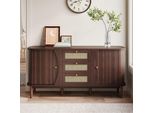 Credenza Merax 140 Cm, Mobile In Rattan Con 3 Cassetti E 2 Ante Scorrevoli, Rustico, Aspetto Legno, Spazio Di Archiviazione Soggiorno Corridoio, Noce