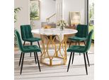 Set Da Pranzo Flieks 5 Pezzi, Tavolo Da Pranzo Con 4 Sedie, Tavolo Rotondo 100X100X76 Cm, Sedie Da Pranzo In Velluto, Oro + Verde