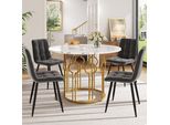 Set Da Pranzo Flieks 5 Pezzi, Tavolo Da Pranzo Con 4 Sedie, Tavolo Rotondo 100X100X76 Cm, Sedie Da Pranzo In Velluto, Oro + Grigio