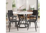 Set Da Pranzo Flieks 5 Pezzi, Tavolo Da Pranzo Con 4 Sedie, Tavolo Rotondo Con Piano In Marmo Mdf, 100X100X76 Cm, Sedie Da Pranzo In Velluto, Nero + Grigio