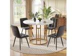 Set Da Pranzo Flieks Con 4 Sedie, Tavolo Da Pranzo Rotondo Con Sedie In Velluto, Gruppo Di Sedute Tavolo Da Cucina 80X80X76 Cm, Oro + Grigio