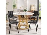 Set Da Pranzo Flieks 5 Pezzi, Tavolo Da Pranzo Con 4 Sedie, Tavolo Rotondo Con Piano In Marmo Mdf, 100X100X76 Cm, Sedie Da Pranzo In Velluto, Oro + Grigio