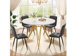 Set Da Pranzo Flieks 5 Pezzi, Tavolo Da Pranzo Con 4 Sedie In Lino, Tavolo Rotondo 100X100X76 Cm, Set Da Pranzo Moderno, Oro + Grigio
