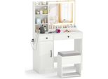 Tavolino Da Toilette Costway, Set Da Toilette Con Specchio Led, Sgabello, Prese Di Corrente, Armadietto, 2 Cassetti, 3 Ripiani E 3 Scomparti Tavolino Per Cosmetici 90X40X135Cm Bianco