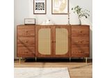 Credenza Flieks In Rattan A 2 Ante E 6 Cassetti, Mobile Da Soggiorno 160X40X90 Cm, Mobile Da Appoggio Tv, Colore Legno
