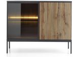 Cassettiera Moderna Stretta Con Frontale A Coste, 104×83×39 Cm, Nero / Rovere Wotan