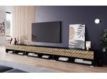 Minio Go For It, Mobile Tv Basso "Anne"", 300 Cm, Con Ante In Mdf, Senza Illuminazione Led, Colore Nero Opaco/Rovere Wotan Con Motivo A Spina Di Pesce 3D"