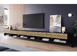 Minio Go For It, Mobile Tv Basso "Anne"", 300 Cm, Con Ante In Mdf, Con Illuminazione Led, Colore Nero Opaco/Rovere Wotan Con Motivo A Spina Di Pesce 3D"