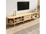 Merax Tv Lowboard 175 Cm Con 2 Cassetti E Ante Scorrevoli, Design Ovale Per Tv Fino A 75 Pollici, Mobile Tv Con Piedini Regolabili In Altezza, Finitura Naturale Opaca