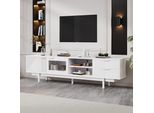 Merax Tv Lowboard 200Cm Con 2 Ante E 2 Cassetti, Mobile Tv Fino A 80 Pollici, Mobile Tv Con Ripiani Aperti, Design Moderno, Bianco