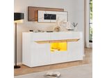 Credenza Merax 140 Cm Con Frontale Lucido, Comando App A Led, Cassettiera Con 4 Cassetti E 2 Armadi, Design Scandinavo, Legno Bianco/Naturale