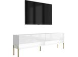 Lavagna Tv 170 Cm Bianco Opaco / Bianco Lucido, Gambe Dritte Dorate, Led Bianco, 170 × 32 × 52 Cm
