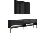 Lavagna Tv 170 Cm Nero Opaco / Nero Lucido, Gambe Dritte Dorate, Led Bianco, 170 × 32 × 52 Cm