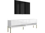 Lavagna Tv 170 Cm Bianco Opaco / Bianco Lucido, Gambe Dritte Dorate, 170 × 32 × 52 Cm