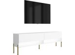 Lavagna Tv 170 Cm Bianco Opaco, Gambe Dritte Dorate, Led Bianco, 170 × 32 × 52 Cm