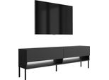 Lavagna Tv 170 Cm Nero Opaco, Gambe Dritte Nere, Led Bianco, 170 × 32 × 52 Cm