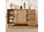 Cassettiera Flieks Per Soggiorno Con Ante Scorrevoli In Rattan, Credenza Con Ripiani Regolabili, 140X37X91 Cm, Finitura Naturale