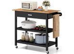 Carrello Da Cucina Costway, Carrello Da Cucina A 3 Livelli Con Piano Di Lavoro, 2 Ripiani Aperti, Cassetto E Rotelle Bloccabili, Carrello Di Servizio Mobile Nero