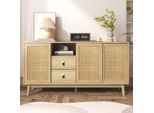 Credenza Merax 155 Cm Con Ante Scorrevoli In Rattan, Cassettiera Con Cassetti E Scomparti, Vano Portaoggetti, Piedi In Legno Massiccio, Noce Naturale, Soggiorno Sala Da Pranzo Corridoio